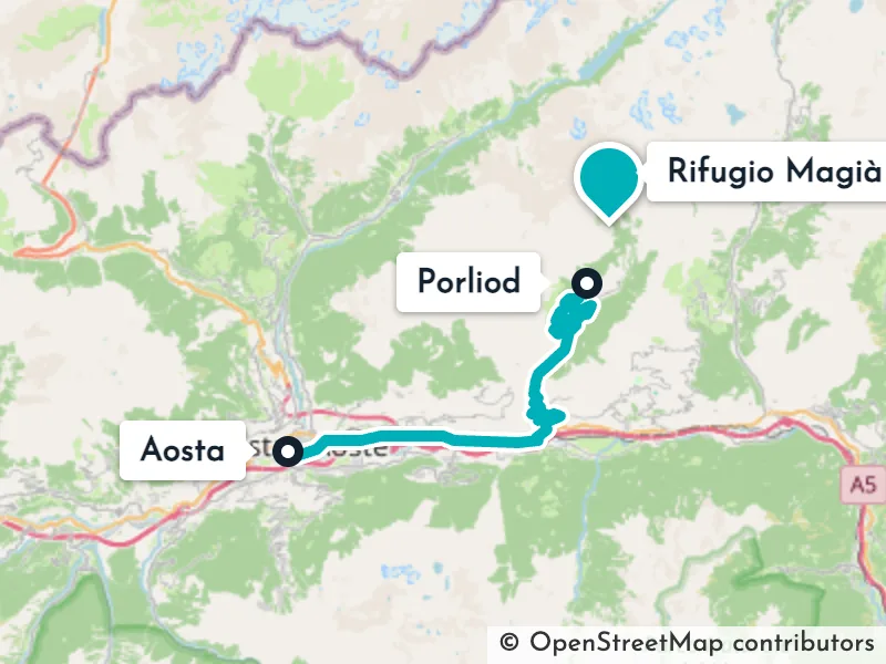 Mappa del percorso in auto da Aosta a Porliod (circa 33 km)