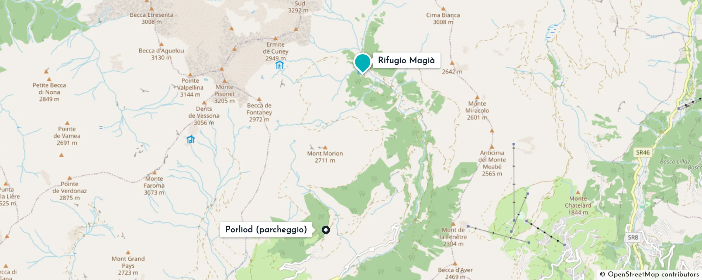 Mappa: il Rifugio Magià in località La Servaz, nella valle di Saint-Barthélemy, a nord del parcheggio di Porliod