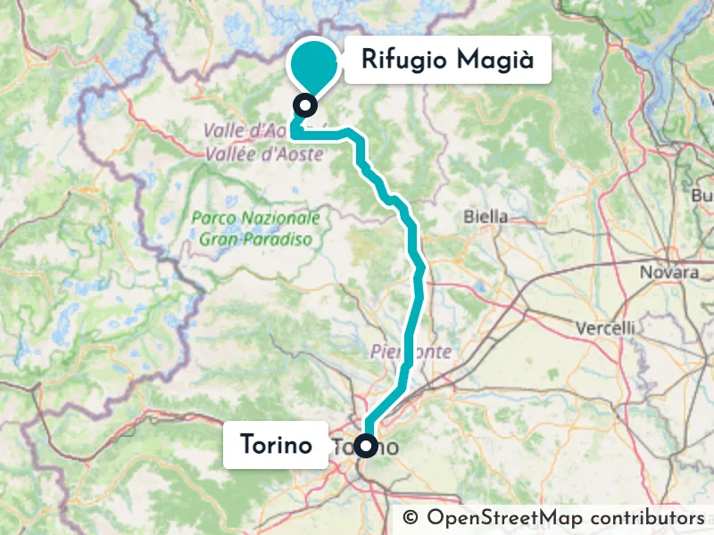 Mappa del percorso in auto da Torino a Porliod (circa 123 km)